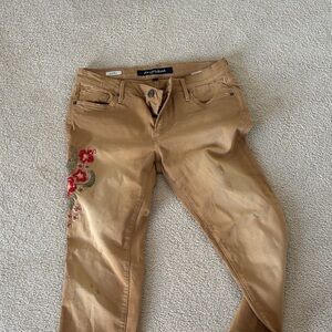 DRIFTWOOD Tan Jeans with Red Floral Embroidery
